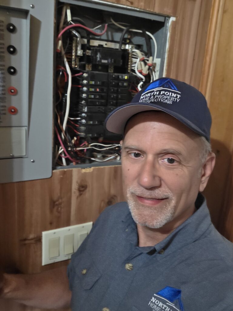 Certified Master Inspector® Scott Frakes inspecting an electrical panel in a Johannesburg, MI home